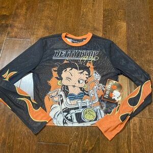 Betty Boop Biker Long Sleeve Sheer Mesh Cropped Top Size L Motocycle Flames